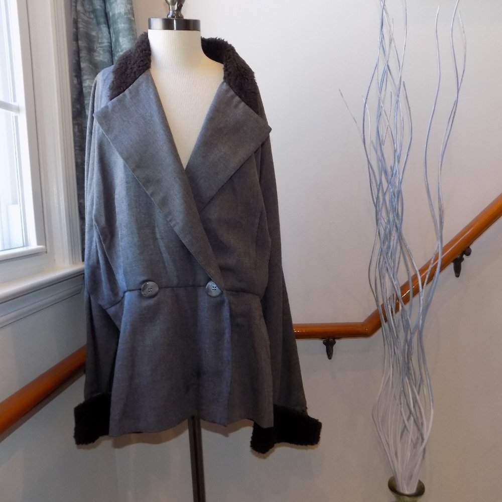 D'ALBERT Vintage Blazer Fur Trim Jacket Brown & Gray Plus Size 14
